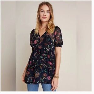 Anthropologie Salzburg Sheer Tunic Floral Button Up Blouse Size XS EUC